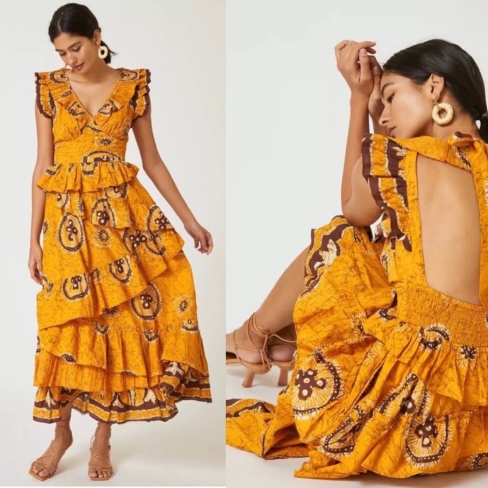 Anthropologie || Love the Label Adrienne Ruffled Open Back Maxi Dress Gold Small